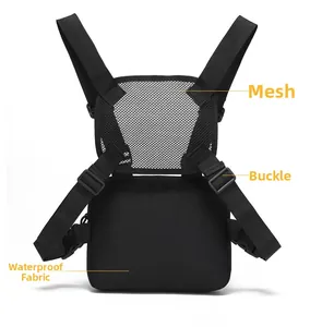 Close-up of black tactical chest rig featuring breathable hex mesh and quick-release buckles