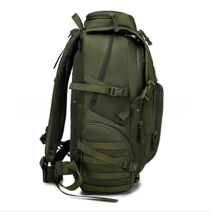Tactical army green backpack with Molle system and padded straps in a side profile view