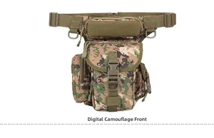 Front view of camouflage tactical leg bag with multiple zipper pockets and buckles