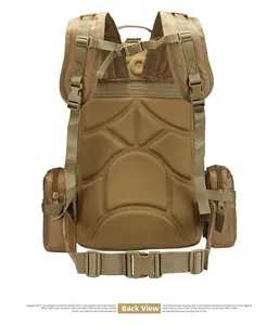 Ergonomic breathable back panel with thick padding on 45L khaki tactical backpack