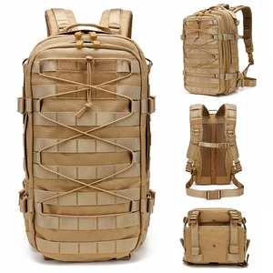 Detail view of khaki tactical backpack featuring Molle system and durable nylon fabric