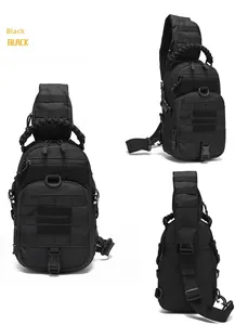 Tactical black oxford sling bag showing front, side, and back views with MOLLE system