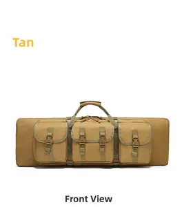 Close-up of tan tactical rifle bag showing three buckled front pockets and reinforced handle