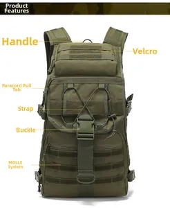 Detail of army green 55L tactical backpack featuring MOLLE webbing and buckles