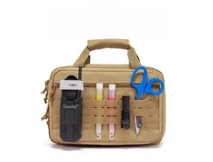 Tactical MOLLE bag detail showing laser-cut slots for tourniquet and medical tools