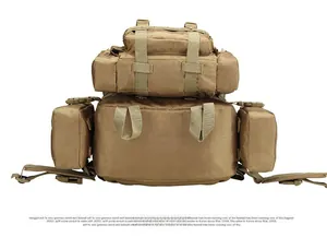 Rear view of 45L khaki tactical backpack showing MOLLE modular system and detachable pouches