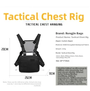 Detail showing the 800D waterproof fabric and 26x11x20CM dimensions of the tactical chest bag