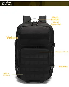 Detail view of tactical backpack showing waterproof fabric and MOLLE system layout