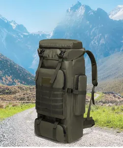Detail of army green tactical hiking backpack with MOLLE system and 75L capacity