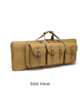 Side view of tactical dual-layer large capacity khaki rifle backpack with three front pockets