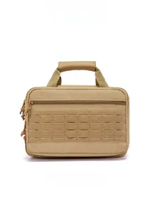 Front view of tactical khaki waterproof handbag featuring durable MOLLE webbing and top handle