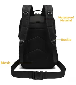 Tactical backpack back view showing breathable mesh padding and adjustable D-ring straps