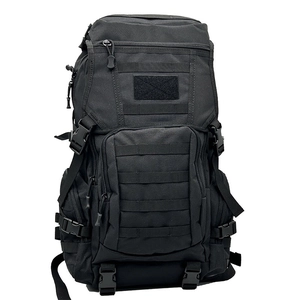 Detailed front view of black tactical backpack with MOLLE webbing and velcro patches