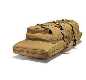 Side view of tactical dual-layer large capacity backpack showing multiple compartments