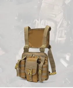 Tactical chest rig detail showing khaki nylon pouches and MOLLE webbing system