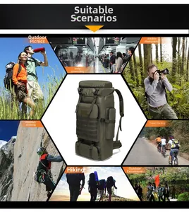 Detailed views of a 75L olive green tactical backpack for hiking and outdoor activities
