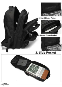Detail of multi-compartment tactical backpack with MOLLE system and 180-degree opening