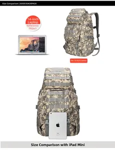 Tactical camo backpack size comparison showing space for 14-inch laptop and iPad