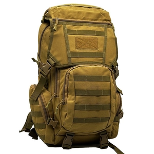 Detail showing tactical MOLLE webbing and durable khaki nylon fabric on the outdoor backpack