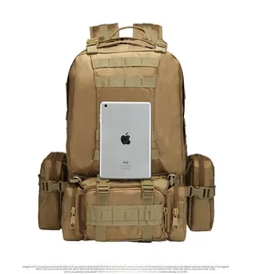 Tactical hiking backpack size comparison with tablet showing multi-pocket 45L design