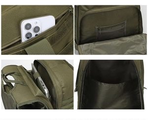 Internal compartments of olive green 55L tactical backpack showing laptop sleeve and pockets