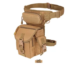 Left side view of tactical drop leg bag in khaki durable oxford fabric for hiking