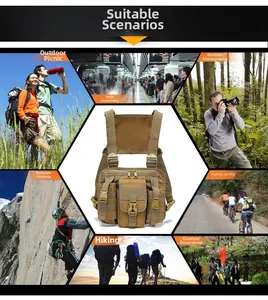 Tactical khaki chest bag with MOLLE system shown in various outdoor and commute scenarios