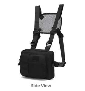 Detailed side view of black tactical vest backpack with MOLLE system and mesh pockets