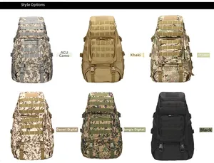 Tactical backpack set in ACU, CP, and desert camo styles with MOLLE expansion system