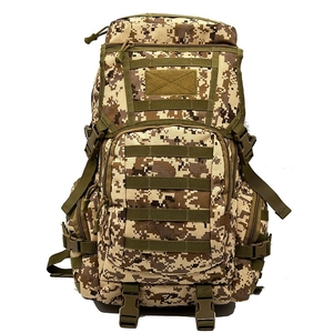 Detail of digital desert camo tactical backpack with Molle system straps and plastic buckles