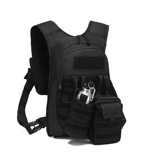 Water-resistant black tactical backpack with MOLLE system and detachable pouches
