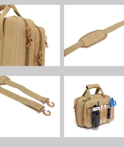 Detail of tactical bag with MOLLE webbing system and adjustable padded shoulder strap