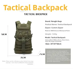 Army green tactical backpack 55L showing 800D waterproof fabric specs and size dimensions