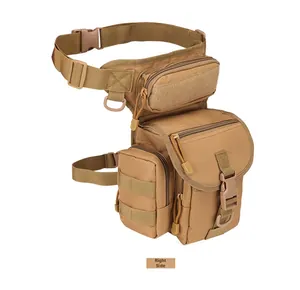 Right side view of khaki waterproof oxford fabric tactical drop leg bag with buckles