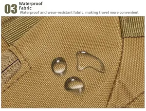 Detail showing waterproof Oxford fabric with water droplets on khaki tactical chest bag