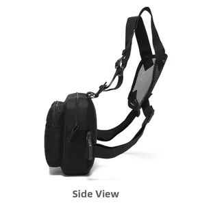Side view of black tactical vest bag made of durable nylon with mesh pocket and buckle