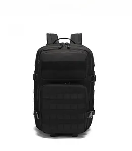 Front view of black tactical backpack featuring MOLLE system and durable wear-resistant fabric