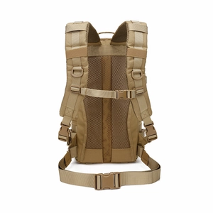 Tactical hiking backpack in tan with breathable S-shaped mesh shoulder straps and waist support