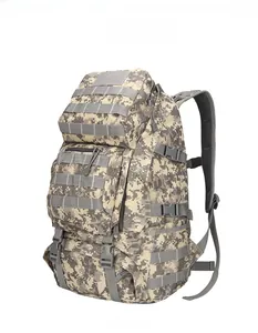Detail view of the ACU digital camouflage tactical backpack with MOLLE webbing and buckles