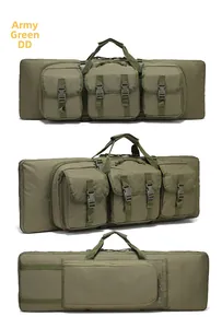 Army green tactical rifle bag showing front, side, and back views with storage pockets