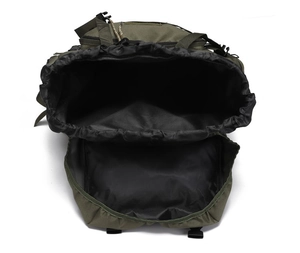Macro view of 75L tactical backpack main compartment with drawstring closure and black lining