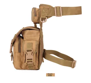 Side view of khaki tactical oxford leg bag with adjustable straps and side pockets