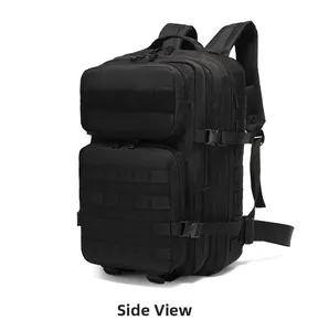 Tactical nylon backpack side view showing MOLLE webbing system and adjustable buckles