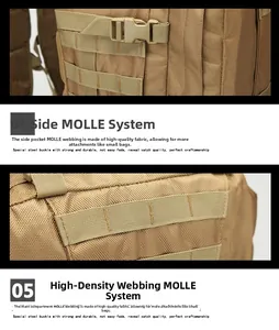 Detail view of khaki tactical backpack featuring high-density nylon MOLLE attachment system