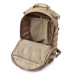 Tactical hiking backpack in khaki nylon with MOLLE system and spacious inner mesh pockets
