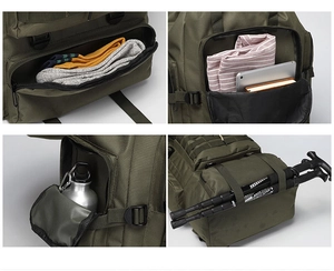 Detail view of 75L military green tactical backpack with external gear straps and pockets
