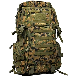 Front view of camouflage tactical backpack with MOLLE webbing and buckles on white background