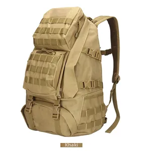 Detail view of khaki tactical backpack featuring Molle webbing and padded mesh straps