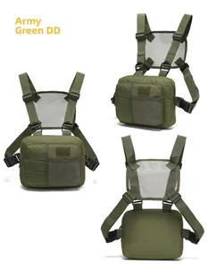 Macro view of army green tactical vest backpack with MOLLE system and mesh back