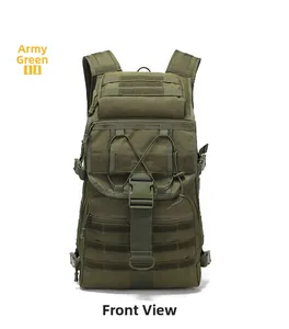 Front view of 55L army green tactical outdoor backpack with Molle webbing system